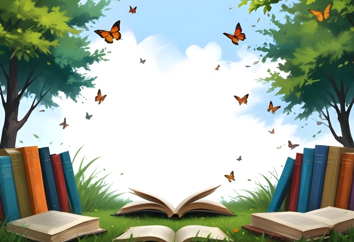 Digital Painting Open Book On The Grass With Books Around Trees And Butterfly In The Background Bold And Slim Lines Brush Strokes 5 526e
