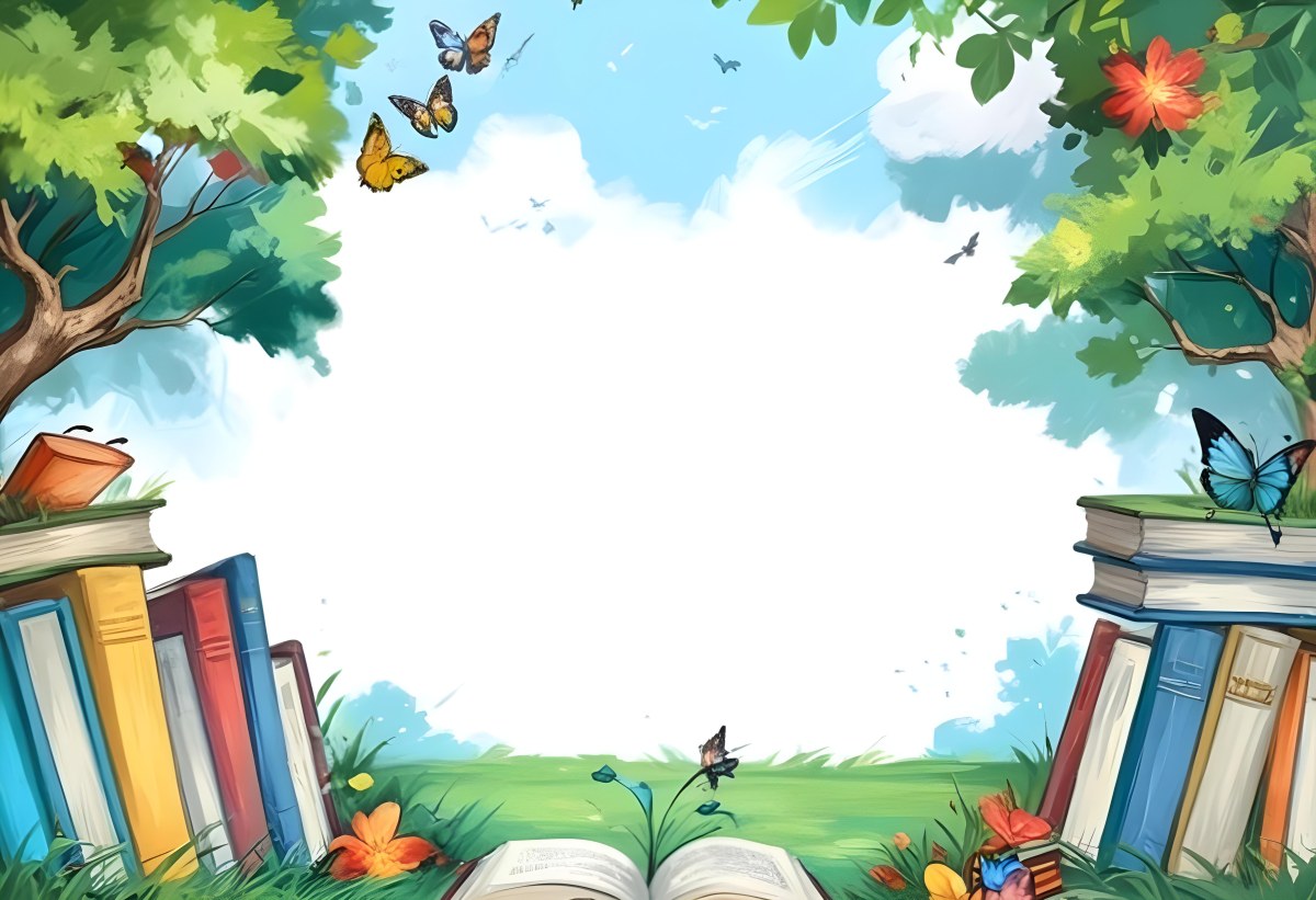 Digital Painting Open Book On The Grass With Books Around Trees And Butterfly In The Background Bold And Slim Lines Brush Strokes 52 8e80