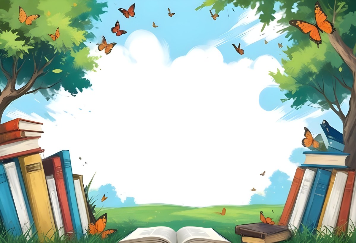 Digital Painting Open Book On The Grass With Books Around Trees And Butterfly In The Background Bold And Slim Lines Brush Strokes 54 6e7b