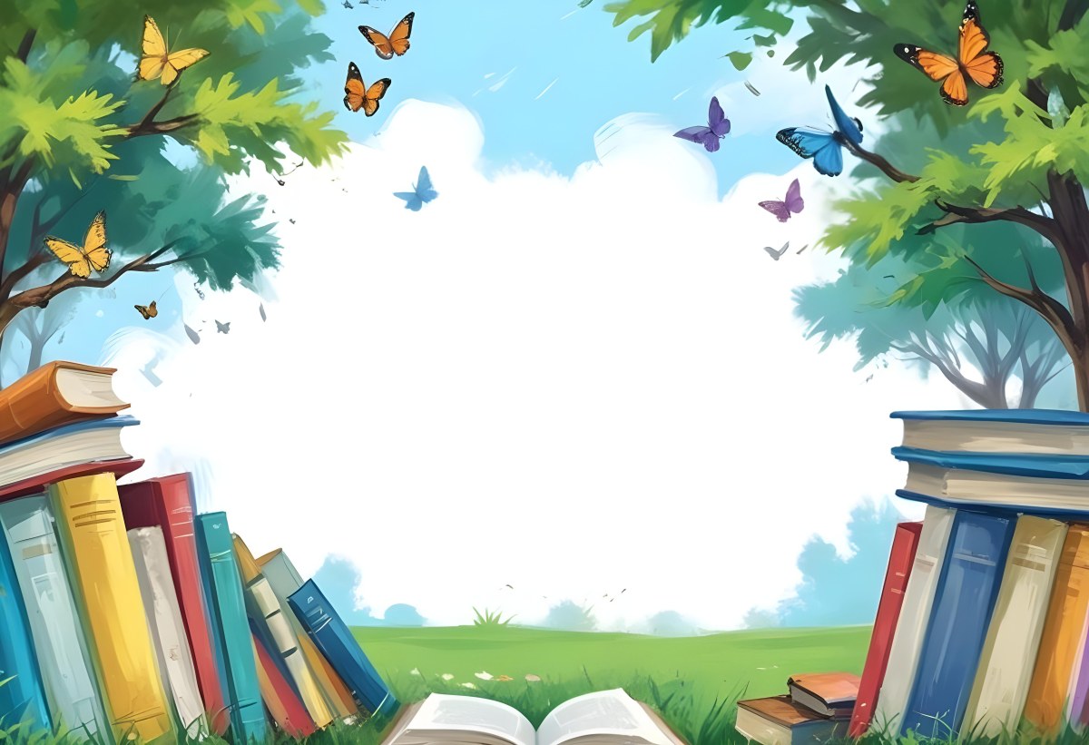 Digital Painting Open Book On The Grass With Books Around Trees And Butterfly In The Background Bold And Slim Lines Brush Strokes 55 9e35