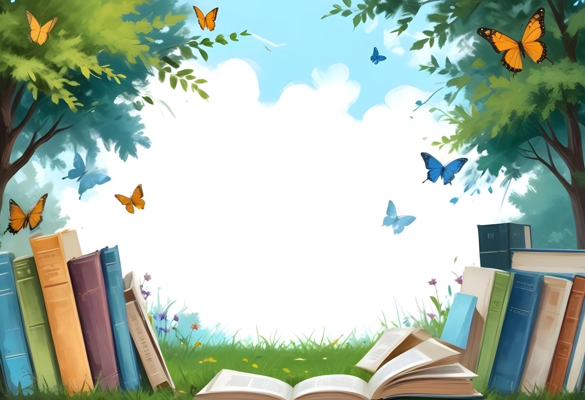 Digital Painting Open Book On The Grass With Books Around Trees And Butterfly In The Background Bold And Slim Lines Brush Strokes 57 64d9