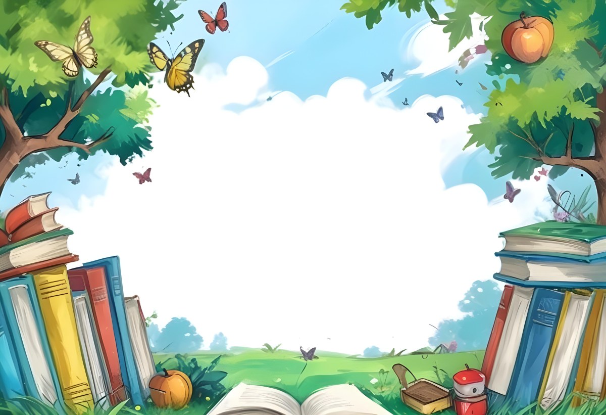 Digital Painting Open Book On The Grass With Books Around Trees And Butterfly In The Background Bold And Slim Lines Brush Strokes 58 2347