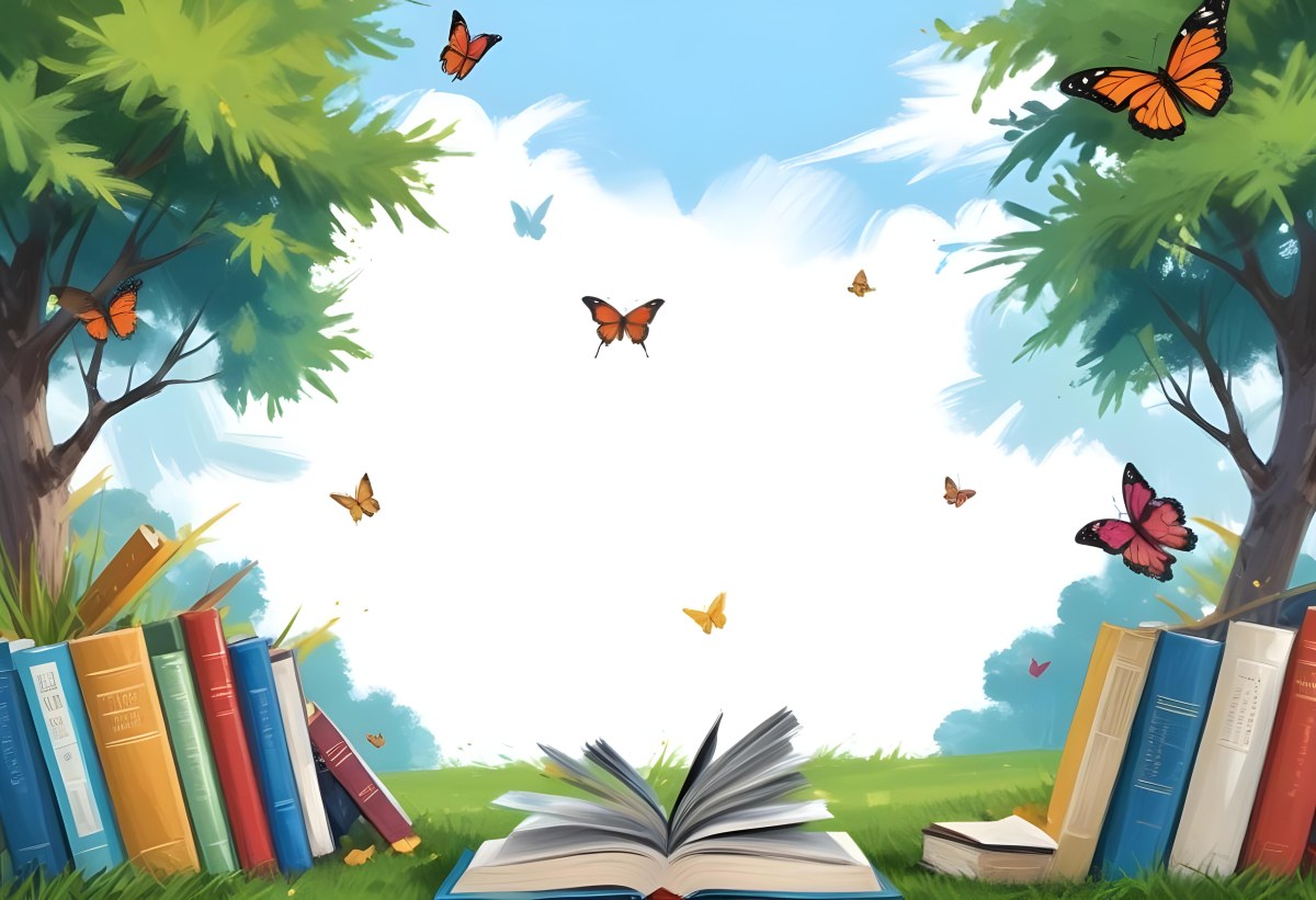 Digital Painting Open Book On The Grass With Books Around Trees And Butterfly In The Background Bold And Slim Lines Brush Strokes 6 65c0