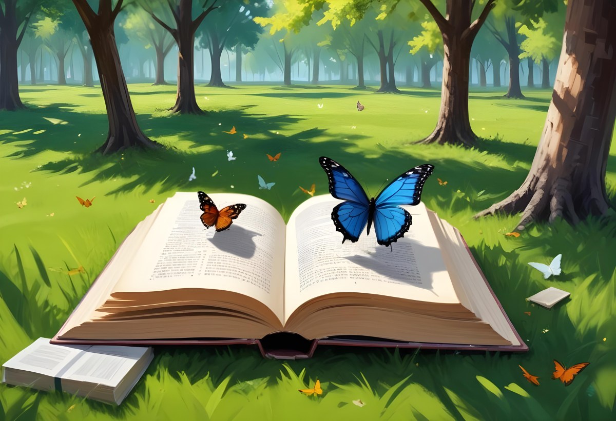Digital Painting Open Book On The Grass With Books Around Trees And Butterfly In The Background Bold And Slim Lines Brush Strokes 7 69f5