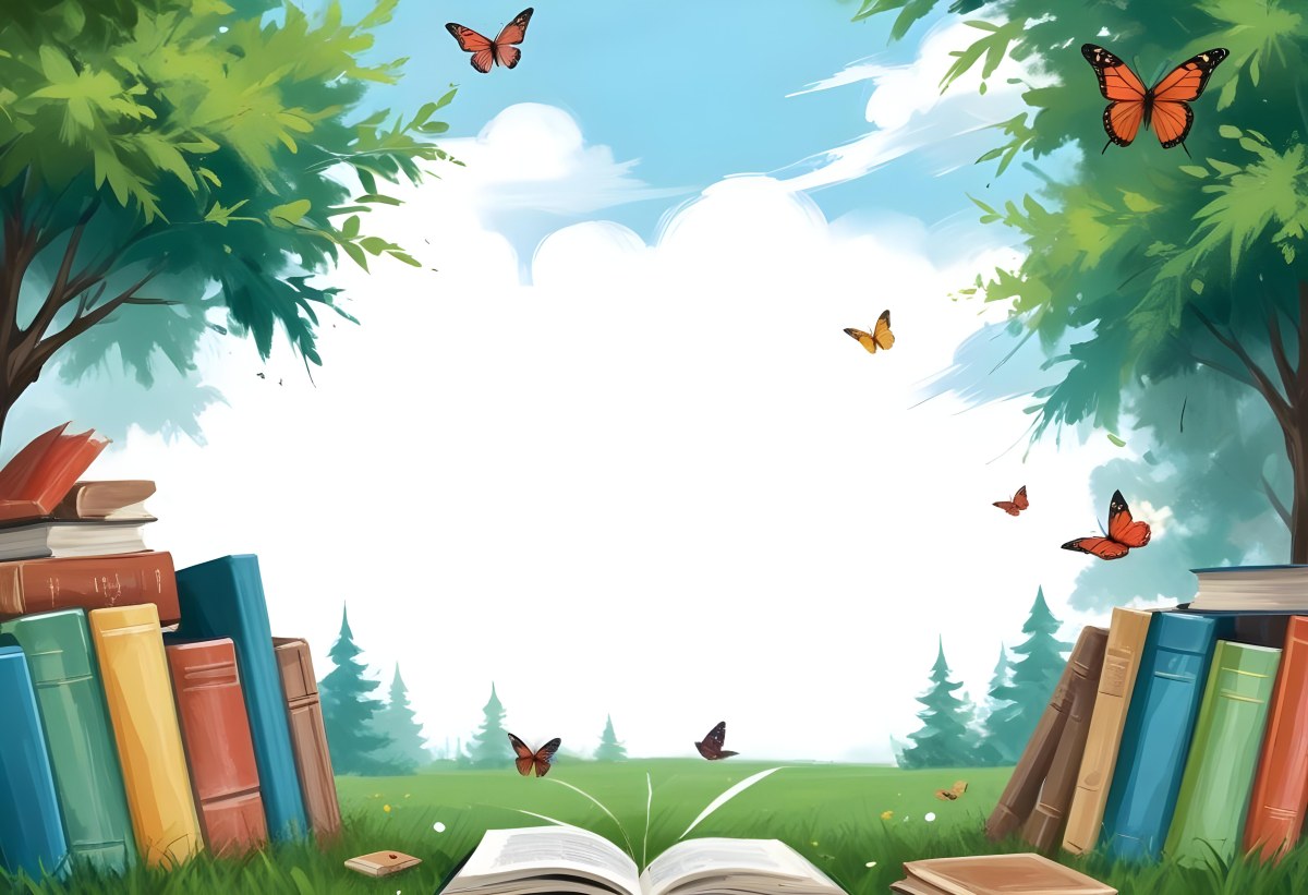Digital Painting Open Book On The Grass With Books Around Trees And Butterfly In The Background Bold And Slim Lines Brush Strokes 8 2664
