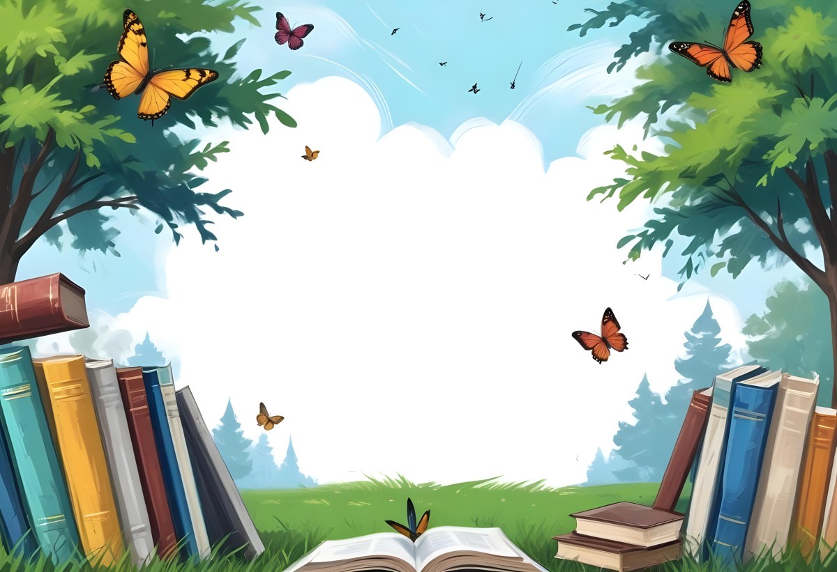 Digital Painting Open Book On The Grass With Books Around Trees And Butterfly In The Background Bold And Slim Lines Brush Strokes 9 Eb5e