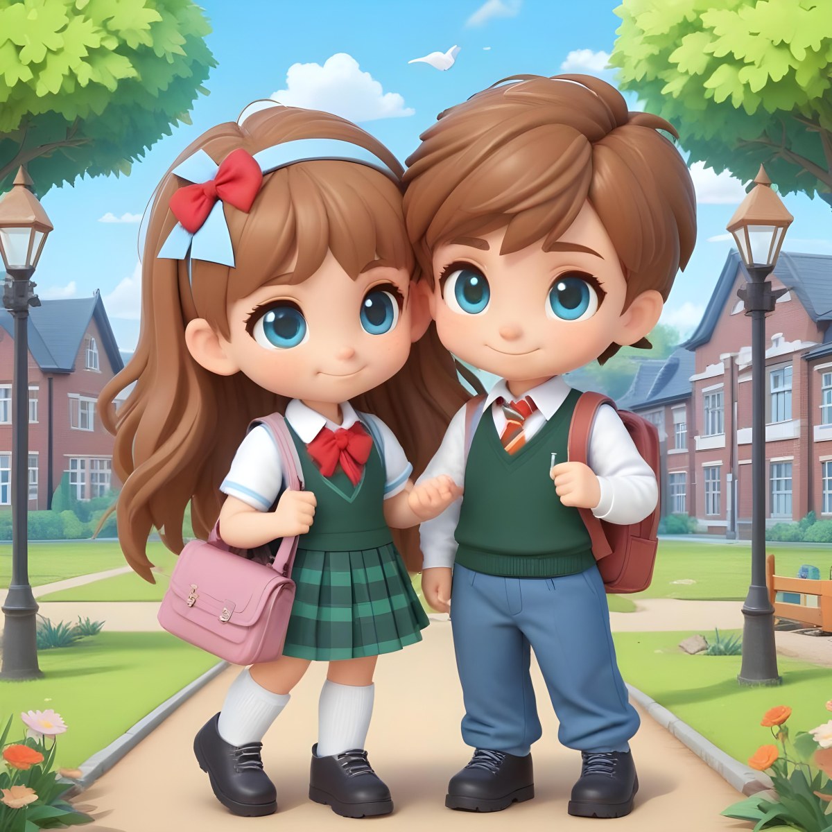 Digital Painting Two Caucasian Kids Of 8 Years Old With School Uniform In A School Bold And Slim Lines Brush Strokes 13 449b