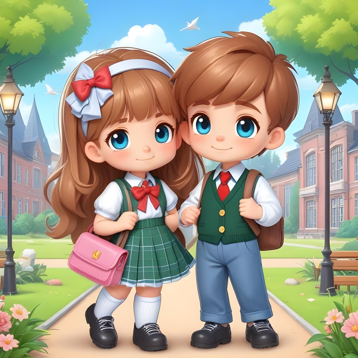 Digital Painting Two Caucasian Kids Of 8 Years Old With School Uniform In A School Bold And Slim Lines Brush Strokes 18 F574