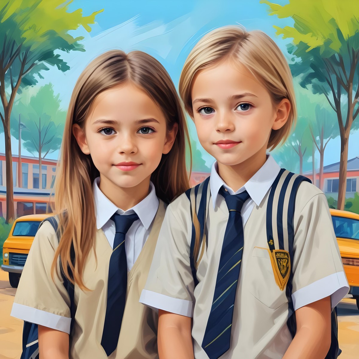 Digital Painting Two Caucasian Kids Of 8 Years Old With School Uniform In A School Bold And Slim Lines Brush Strokes 21 5c25