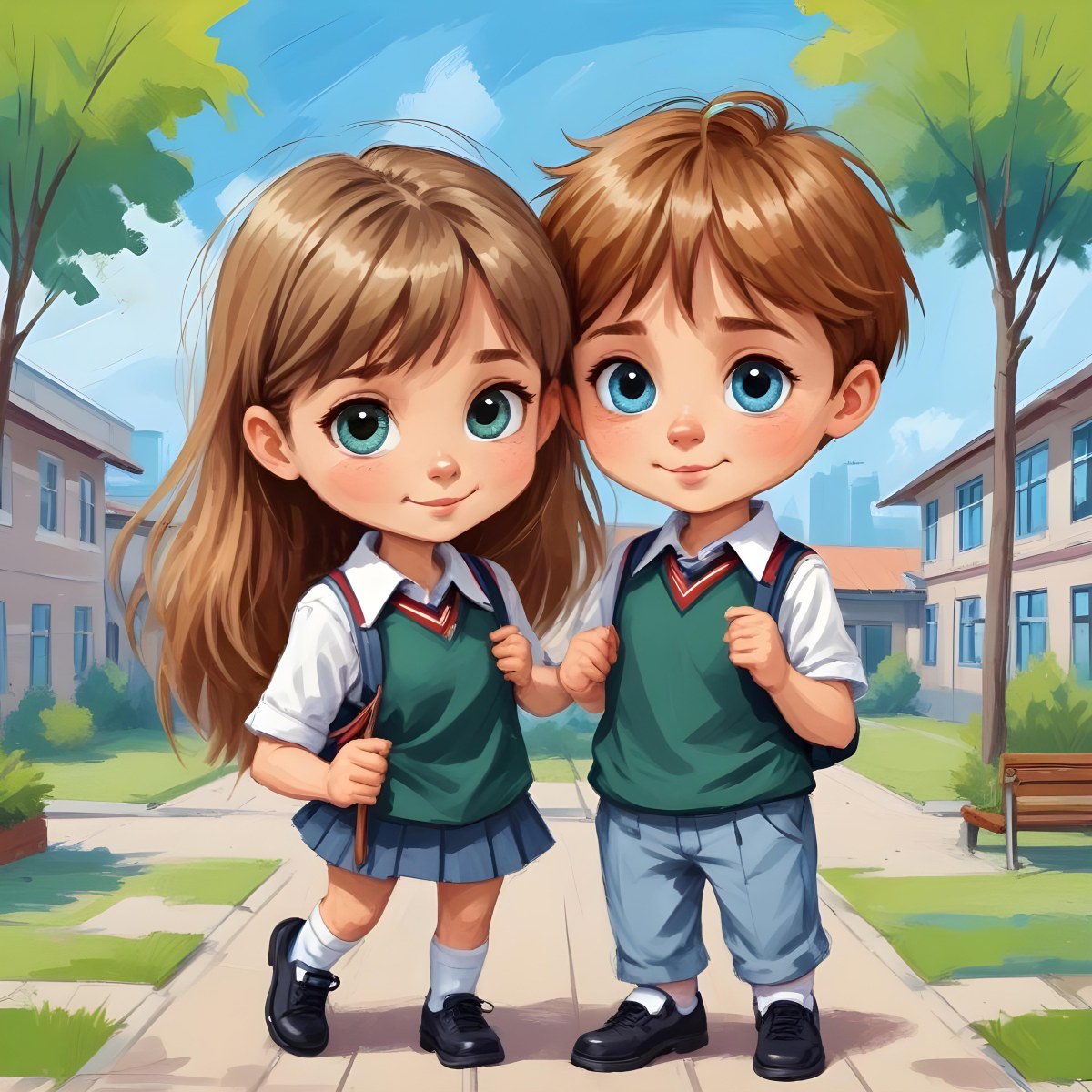 Digital Painting Two Caucasian Kids Of 8 Years Old With School Uniform In A School Bold And Slim Lines Brush Strokes 28 Fbef