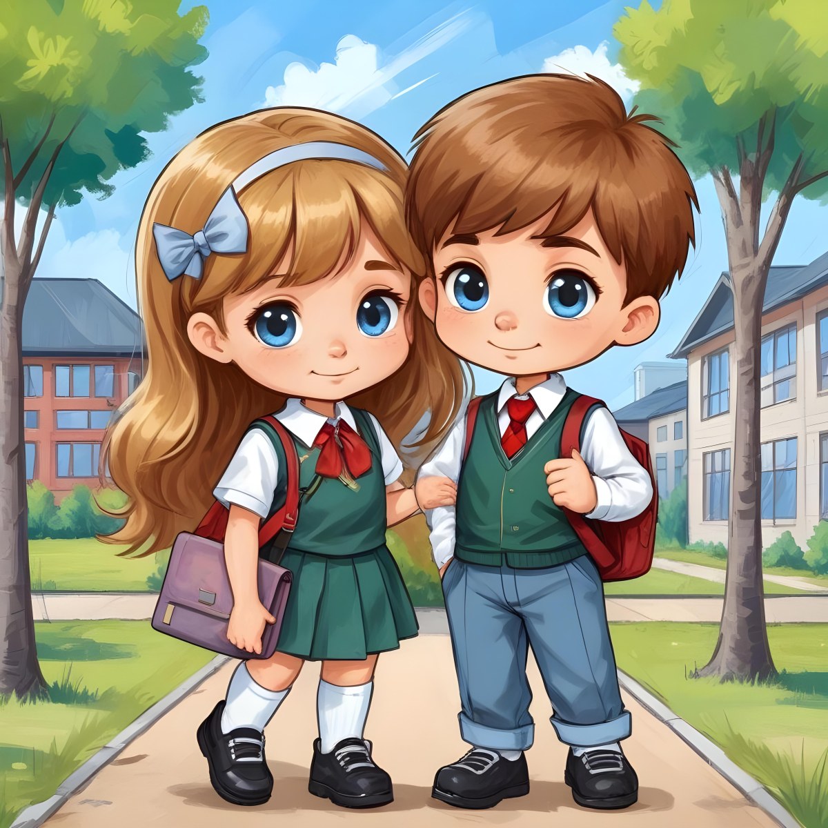 Digital Painting Two Caucasian Kids Of 8 Years Old With School Uniform In A School Bold And Slim Lines Brush Strokes 30 Fed7