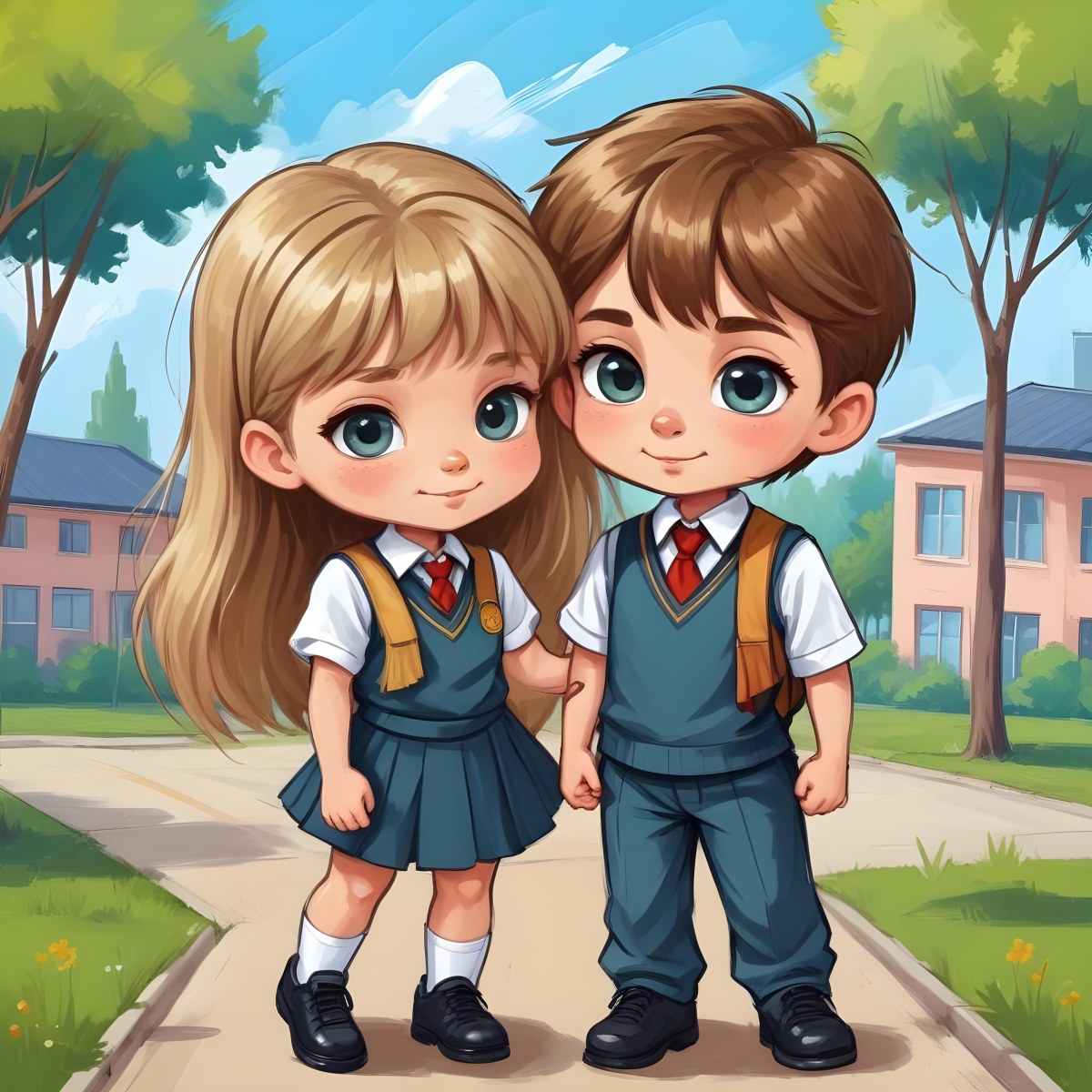Digital Painting Two Caucasian Kids Of 8 Years Old With School Uniform In A School Bold And Slim Lines Brush Strokes 34 De4f