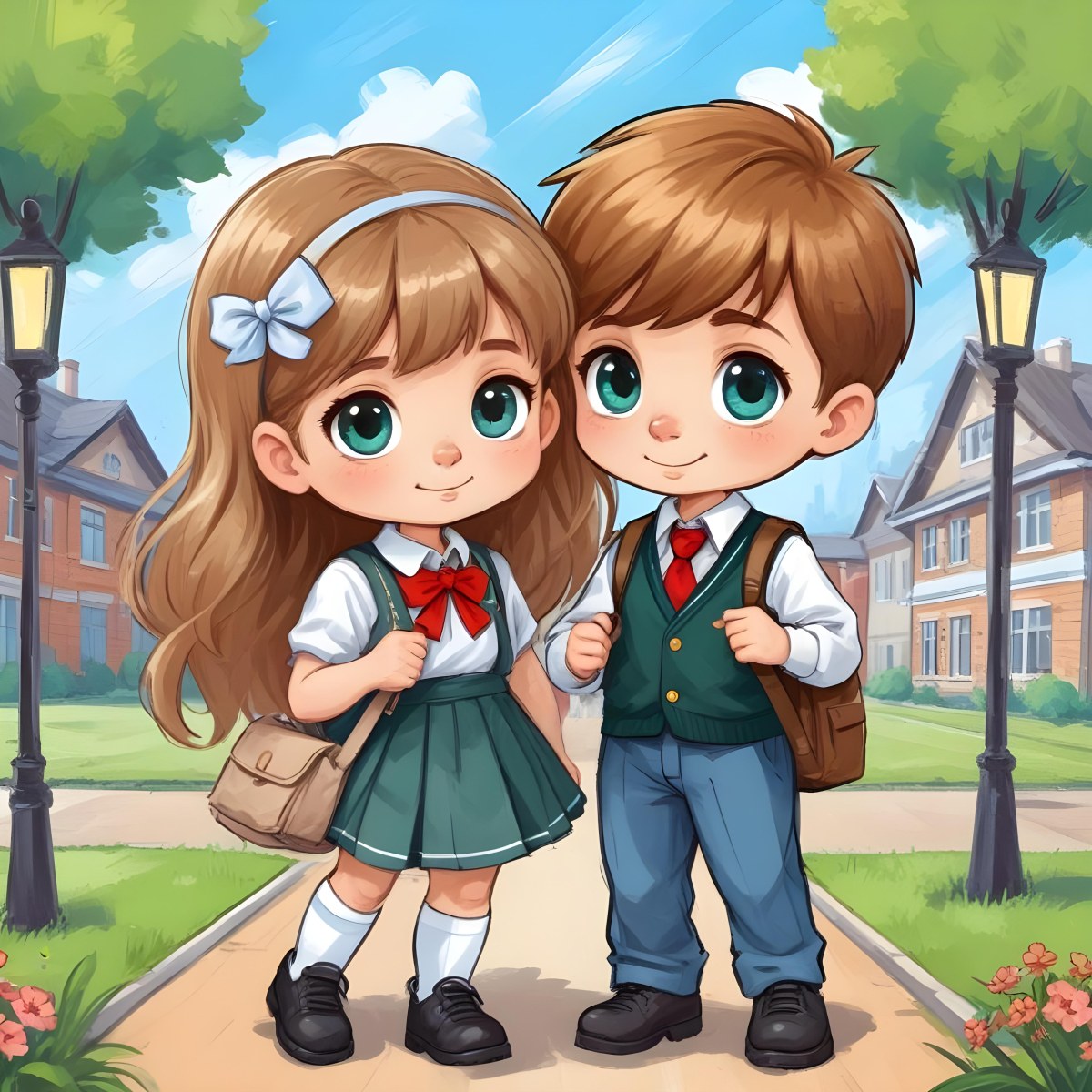 Digital Painting Two Caucasian Kids Of 8 Years Old With School Uniform In A School Bold And Slim Lines Brush Strokes 35 965e
