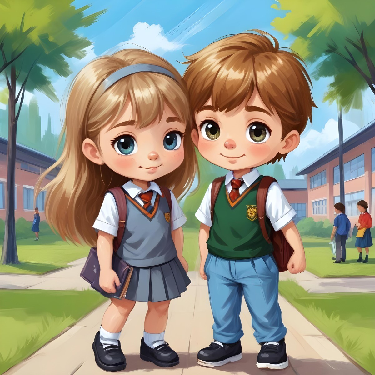 Digital Painting Two Caucasian Kids Of 8 Years Old With School Uniform In A School Bold And Slim Lines Brush Strokes 37 E7ec