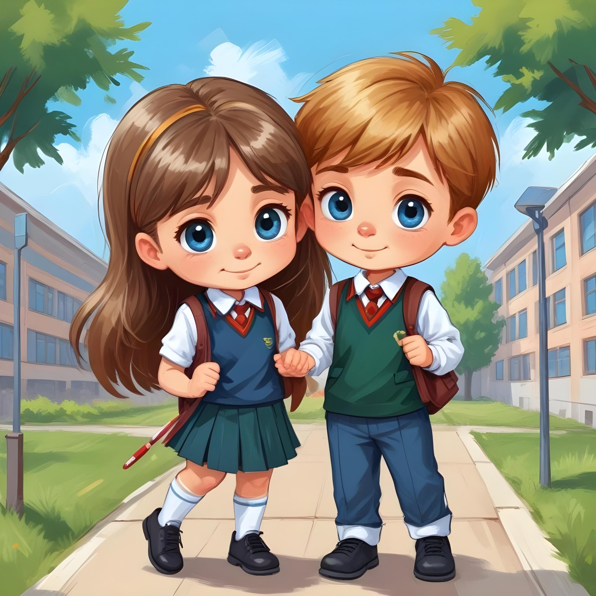 Digital Painting Two Caucasian Kids Of 8 Years Old With School Uniform In A School Bold And Slim Lines Brush Strokes 38 F2b3