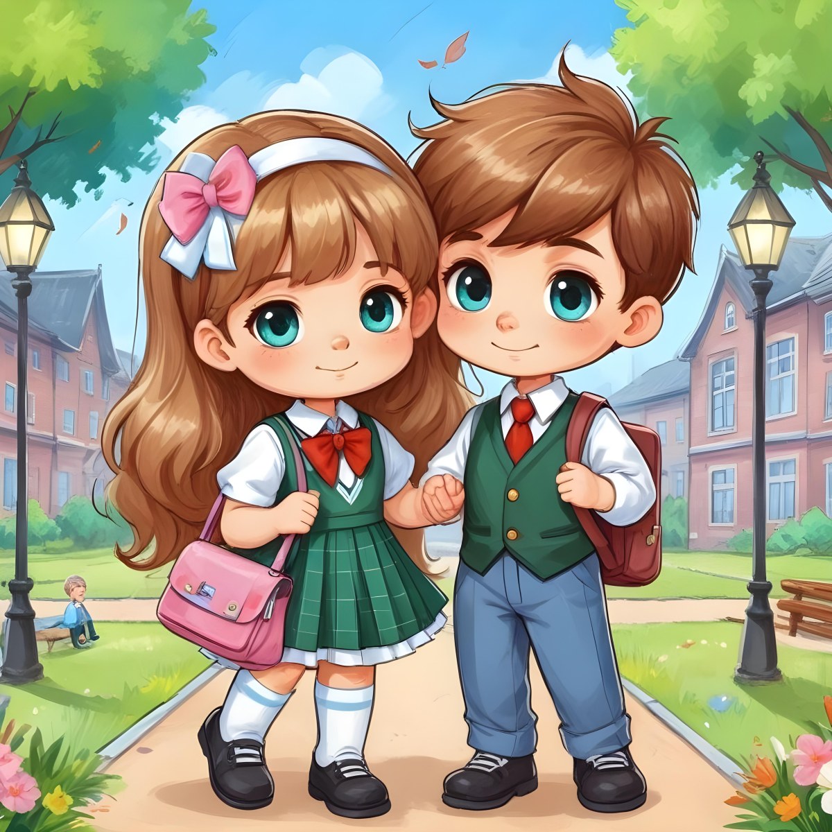 Digital Painting Two Caucasian Kids Of 8 Years Old With School Uniform In A School Bold And Slim Lines Brush Strokes 40 7dd3