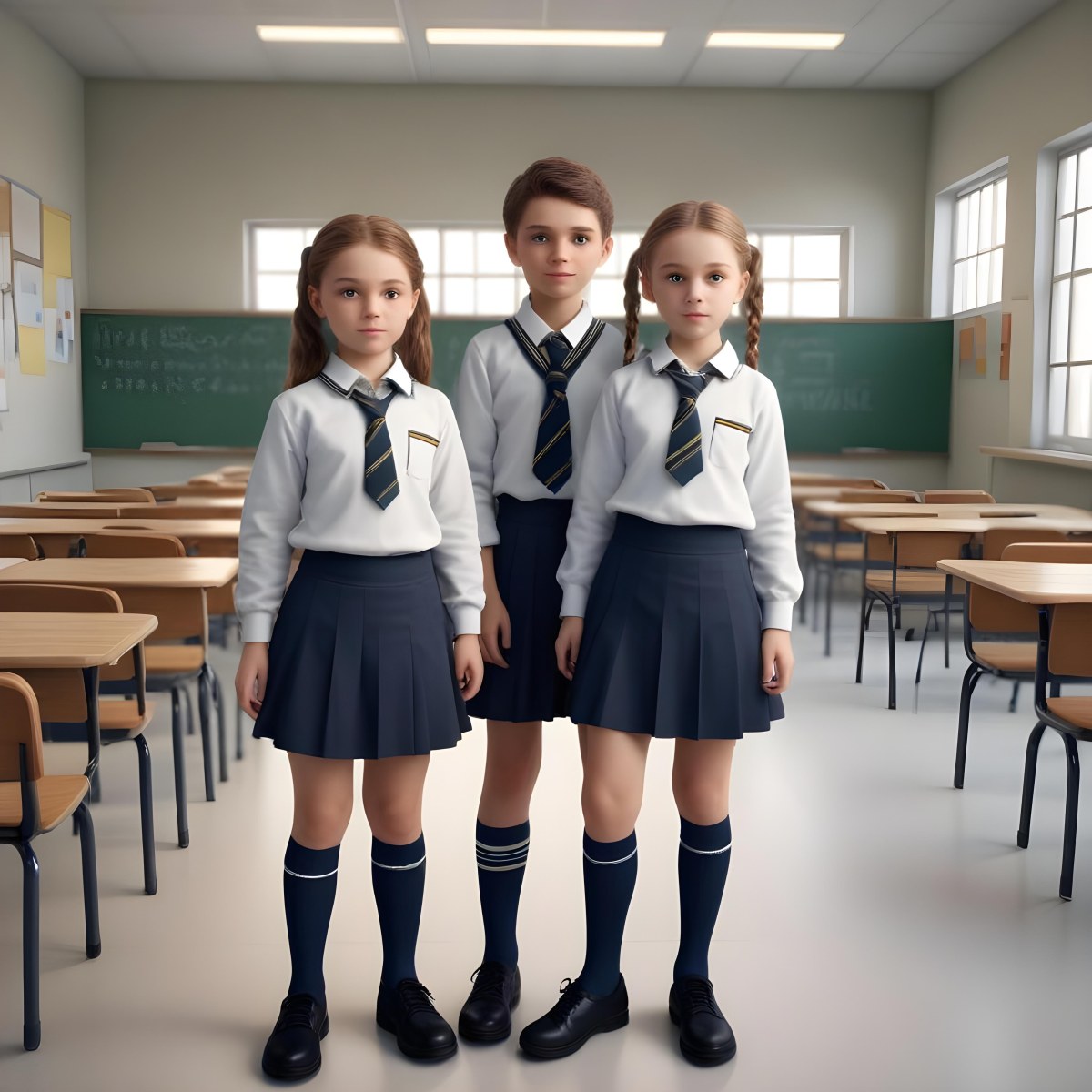 Digital Painting Two Caucasian Kids Of 8 Years Old With School Uniform In A School Bold And Slim Lines Brush Strokes 5 E252