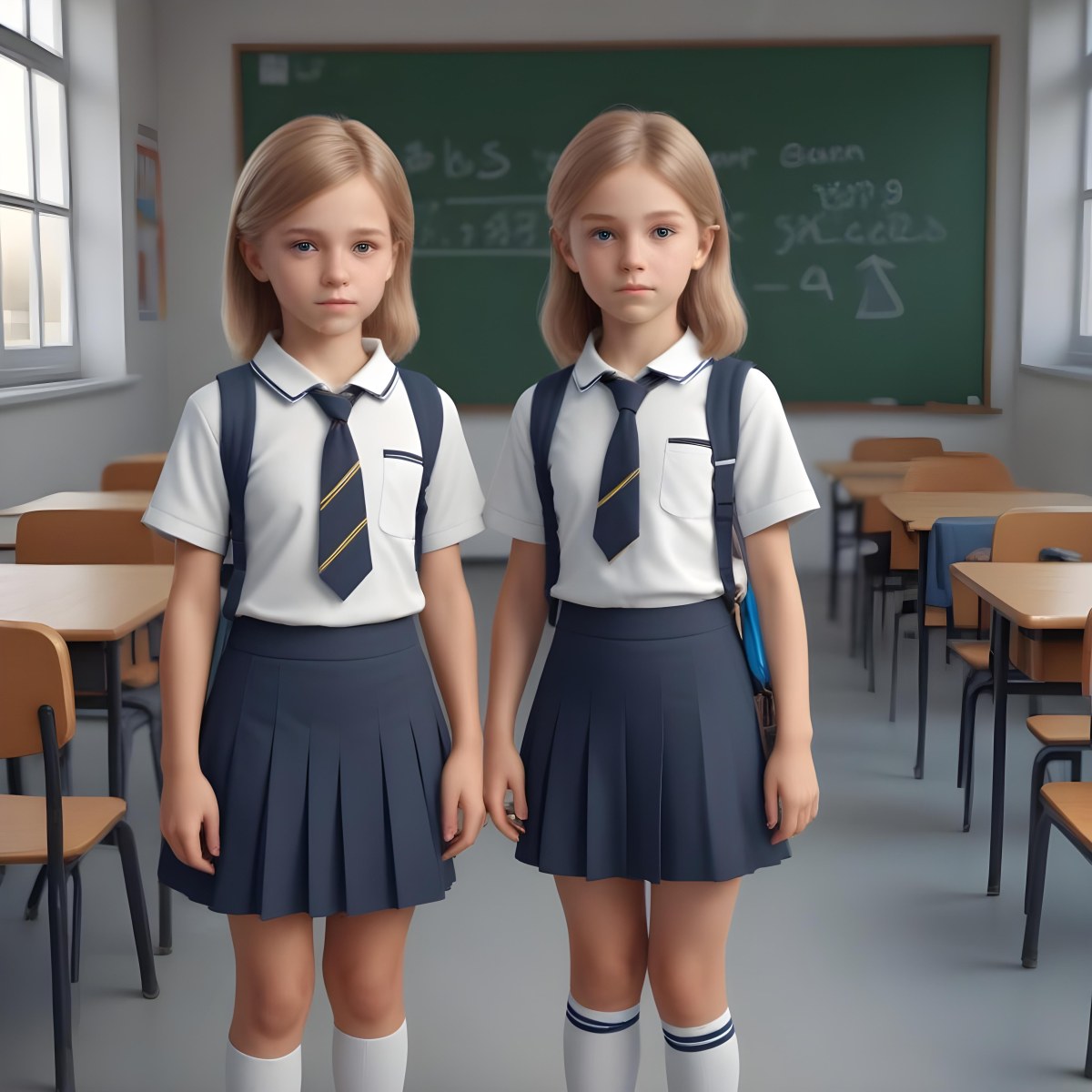 Digital Painting Two Caucasian Kids Of 8 Years Old With School Uniform In A School Bold And Slim Lines Brush Strokes 8 Aeb9