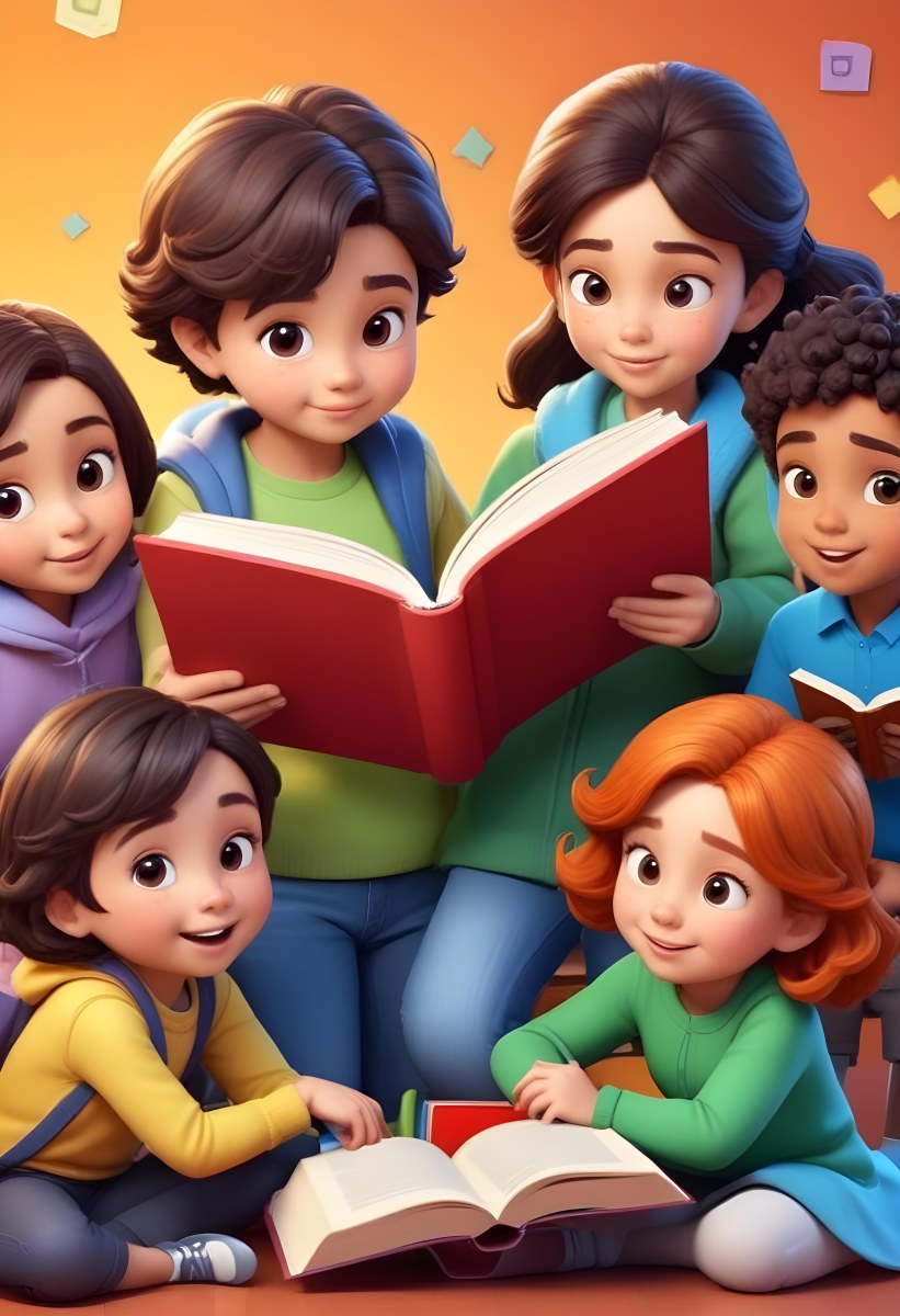 Dorable Cartoon Style Six Mixed Race Kids Of Average Age 8 Reading A Book In A Classroom 3d Render Cartoon 1 Db0d