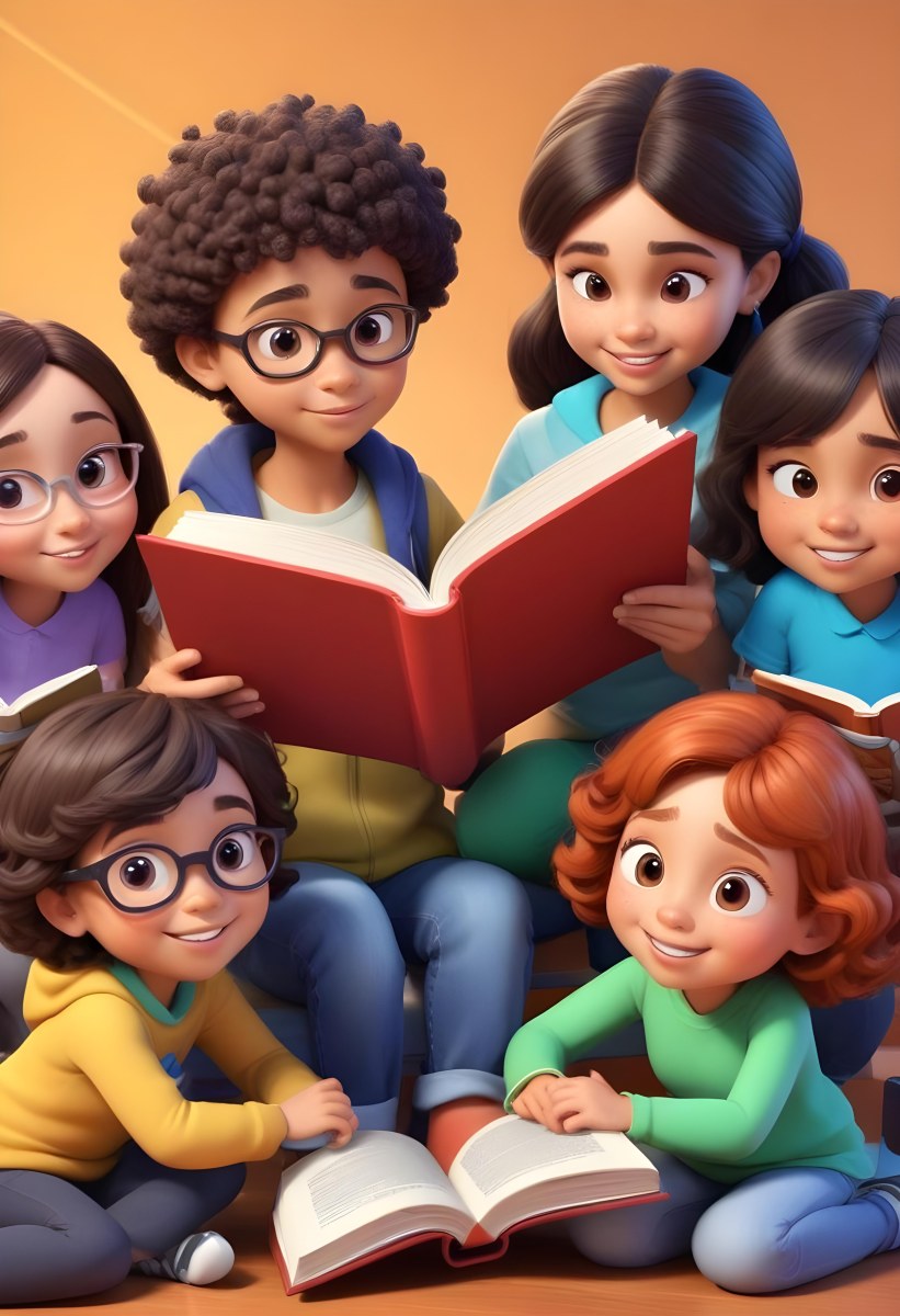Dorable Cartoon Style Six Mixed Race Kids Of Average Age 8 Reading A Book In A Classroom 3d Render Cartoon 2 0e7d