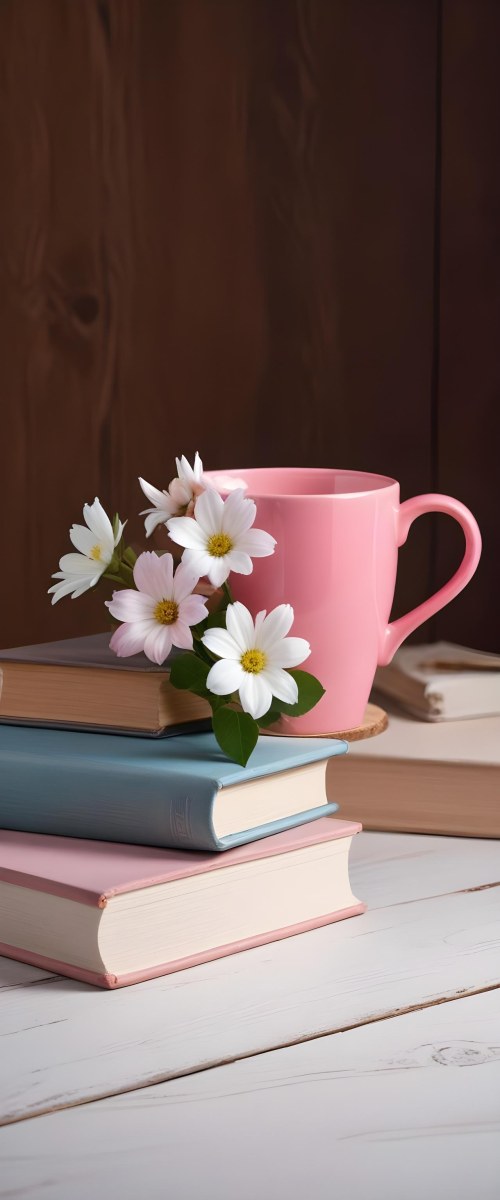 Minimal Soft Studio Light Photography A Pink Ceramic Mug With White Flowers On Top Of A Stack Of Books On A Wooden Surface High Detail Solid Bold Color Background 1 258f