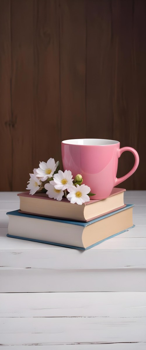 Minimal Soft Studio Light Photography A Pink Ceramic Mug With White Flowers On Top Of A Stack Of Books On A Wooden Surface High Detail Solid Bold Color Background 10 79d7