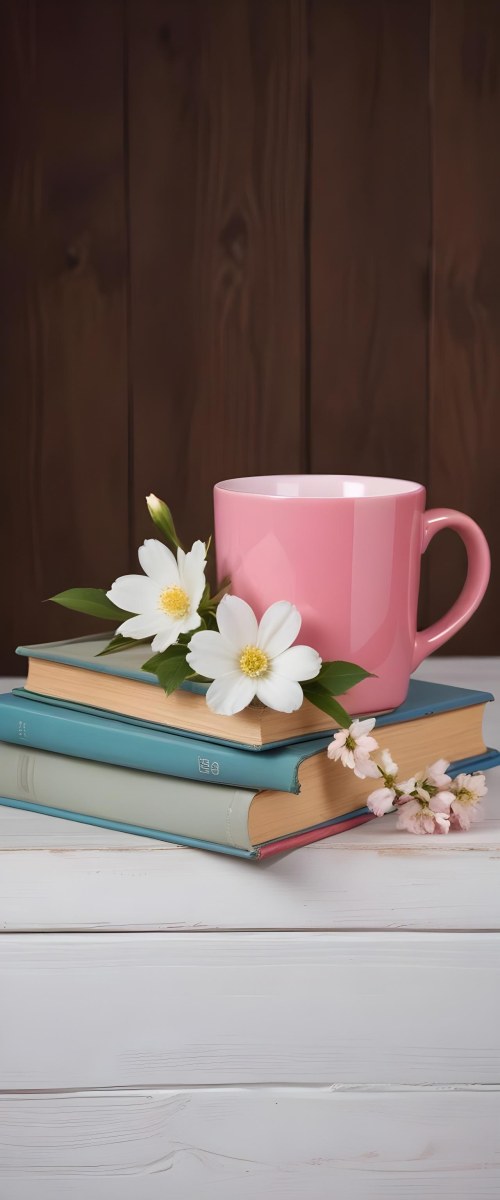 Minimal Soft Studio Light Photography A Pink Ceramic Mug With White Flowers On Top Of A Stack Of Books On A Wooden Surface High Detail Solid Bold Color Background 11 C99d