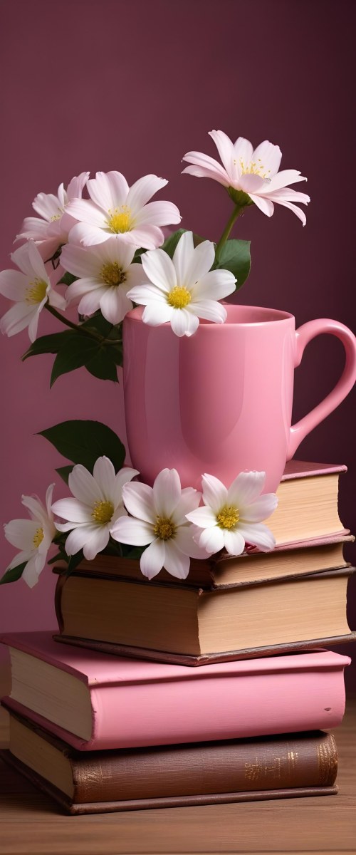 Minimal Soft Studio Light Photography A Pink Ceramic Mug With White Flowers On Top Of A Stack Of Books On A Wooden Surface High Detail Solid Bold Color Background 13 3070
