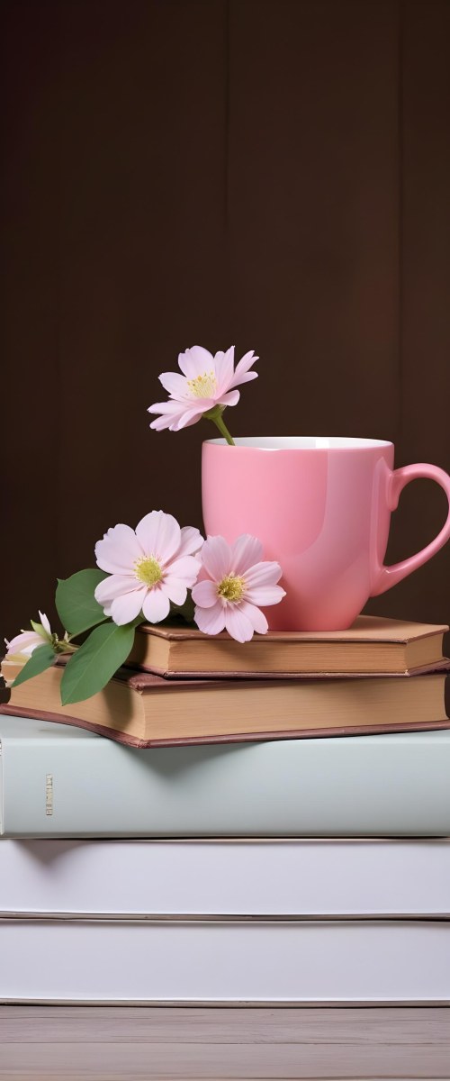 Minimal Soft Studio Light Photography A Pink Ceramic Mug With White Flowers On Top Of A Stack Of Books On A Wooden Surface High Detail Solid Bold Color Background 14 3efa
