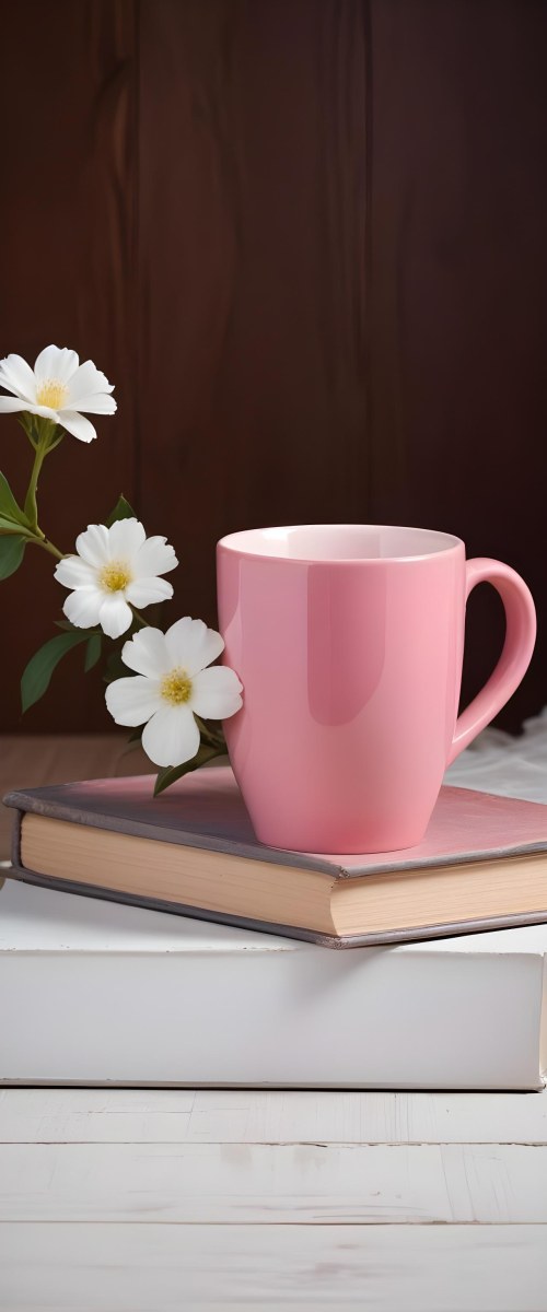 Minimal Soft Studio Light Photography A Pink Ceramic Mug With White Flowers On Top Of A Stack Of Books On A Wooden Surface High Detail Solid Bold Color Background 19 48dd