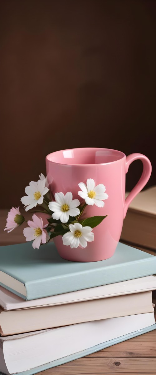 Minimal Soft Studio Light Photography A Pink Ceramic Mug With White Flowers On Top Of A Stack Of Books On A Wooden Surface High Detail Solid Bold Color Background 20 E5e5