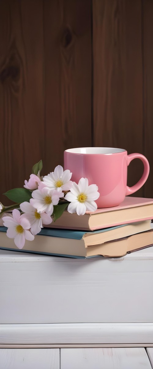Minimal Soft Studio Light Photography A Pink Ceramic Mug With White Flowers On Top Of A Stack Of Books On A Wooden Surface High Detail Solid Bold Color Background 21 271d