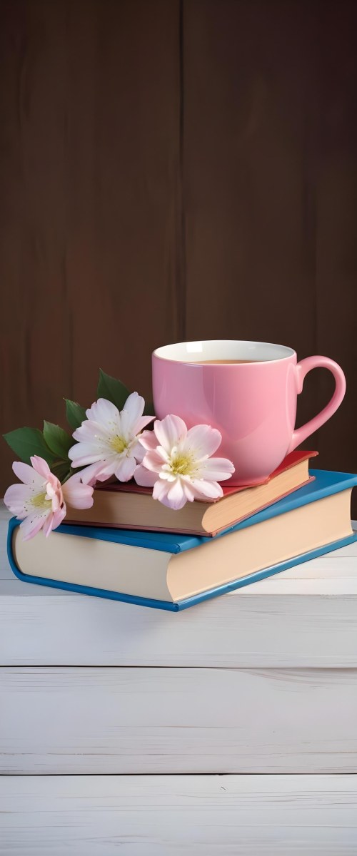 Minimal Soft Studio Light Photography A Pink Ceramic Mug With White Flowers On Top Of A Stack Of Books On A Wooden Surface High Detail Solid Bold Color Background 3 731a