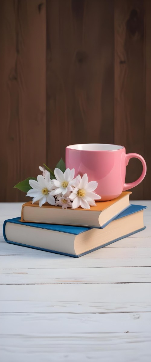Minimal Soft Studio Light Photography A Pink Ceramic Mug With White Flowers On Top Of A Stack Of Books On A Wooden Surface High Detail Solid Bold Color Background 4 1354
