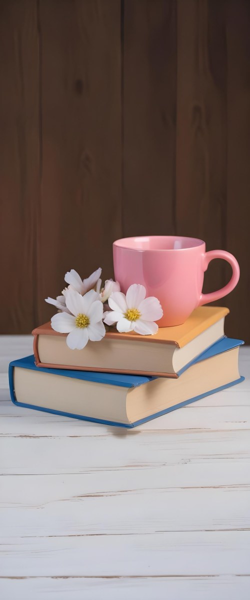 Minimal Soft Studio Light Photography A Pink Ceramic Mug With White Flowers On Top Of A Stack Of Books On A Wooden Surface High Detail Solid Bold Color Background 5 2e6b