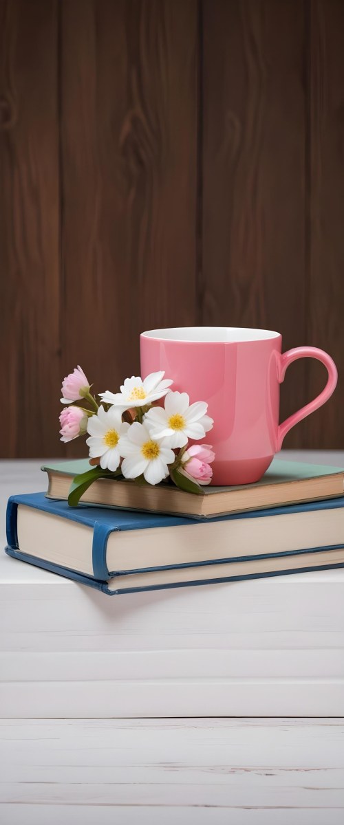 Minimal Soft Studio Light Photography A Pink Ceramic Mug With White Flowers On Top Of A Stack Of Books On A Wooden Surface High Detail Solid Bold Color Background 6 08f6
