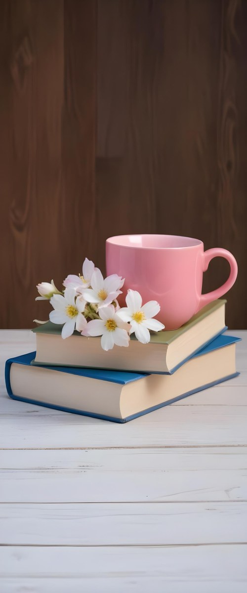 Minimal Soft Studio Light Photography A Pink Ceramic Mug With White Flowers On Top Of A Stack Of Books On A Wooden Surface High Detail Solid Bold Color Background 7 A4f1