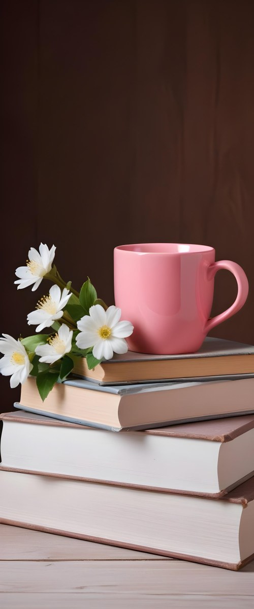 Minimal Soft Studio Light Photography A Pink Ceramic Mug With White Flowers On Top Of A Stack Of Books On A Wooden Surface High Detail Solid Bold Color Background 8 Dc28