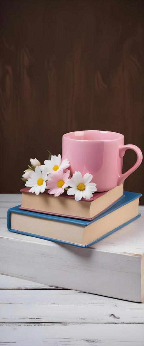 Minimal Soft Studio Light Photography A Pink Ceramic Mug With White Flowers On Top Of A Stack Of Books On A Wooden Surface High Detail Solid Bold Color Background 9 1b8f