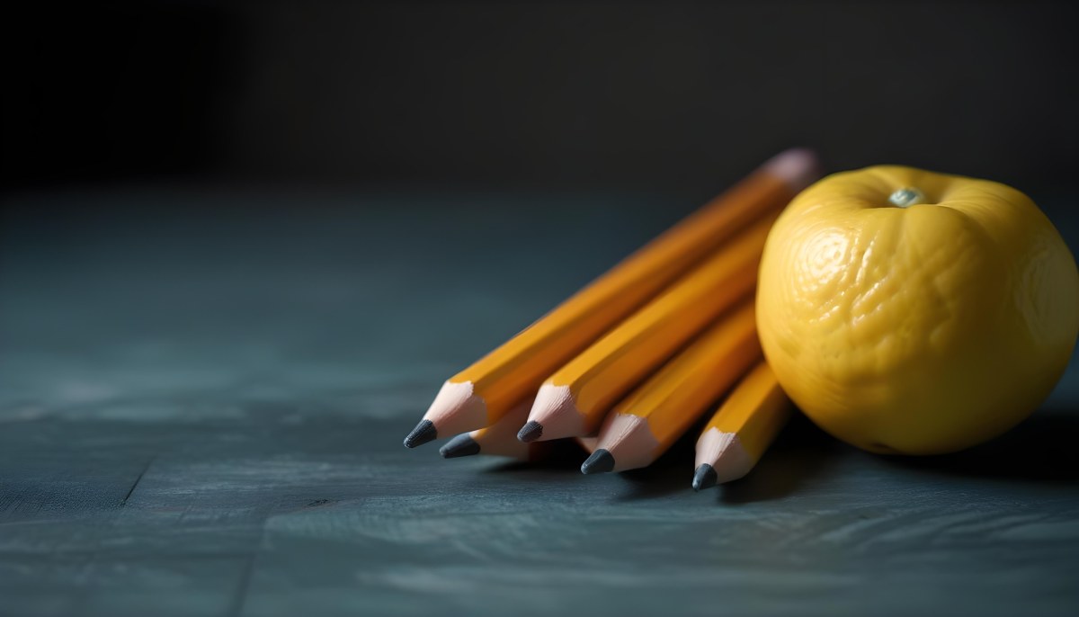 Yellow Pencils And A Lemon On A Dark Wooden Surface 9 Be99