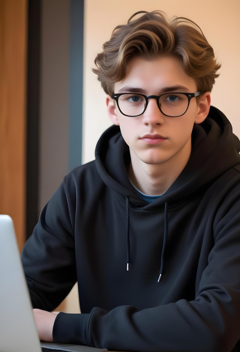Young Caucasian Male Approximately 18 Years Old With Short Wavy Light Brown Hair And Glasses Wearing A Dark Hoodie Sitting In Front Of A Laptop With A Focused Expression In A Casual Indoor Environment 1 1148
