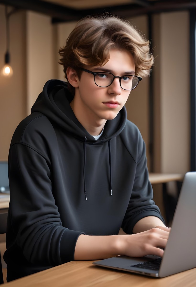 Young Caucasian Male Approximately 18 Years Old With Short Wavy Light Brown Hair And Glasses Wearing A Dark Hoodie Sitting In Front Of A Laptop With A Focused Expression In A Casual Indoor Environment 11 E3de
