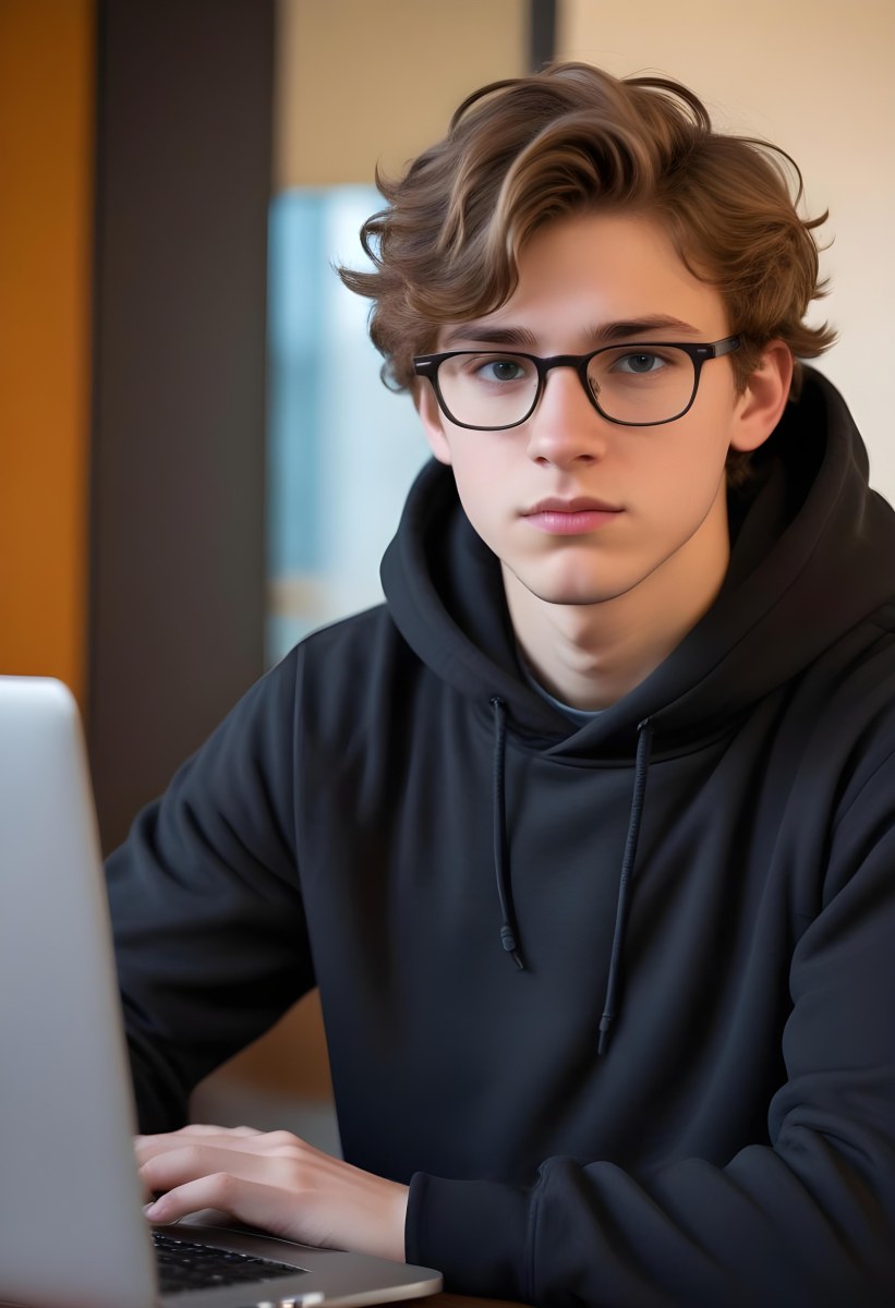 Young Caucasian Male Approximately 18 Years Old With Short Wavy Light Brown Hair And Glasses Wearing A Dark Hoodie Sitting In Front Of A Laptop With A Focused Expression In A Casual Indoor Environment 15 691e
