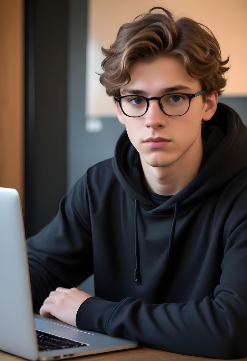 Young Caucasian Male Approximately 18 Years Old With Short Wavy Light Brown Hair And Glasses Wearing A Dark Hoodie Sitting In Front Of A Laptop With A Focused Expression In A Casual Indoor Environment 16 6b33