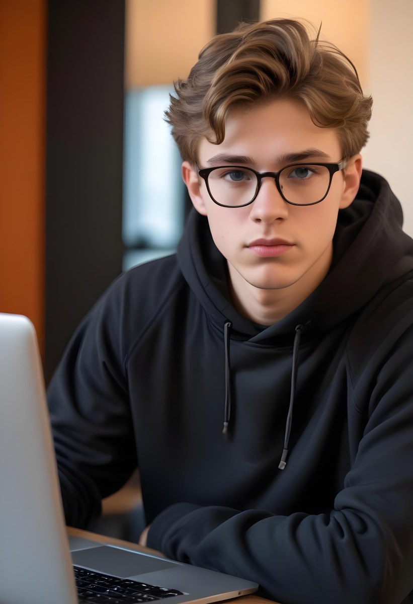 Young Caucasian Male Approximately 18 Years Old With Short Wavy Light Brown Hair And Glasses Wearing A Dark Hoodie Sitting In Front Of A Laptop With A Focused Expression In A Casual Indoor Environment 18 1dc5
