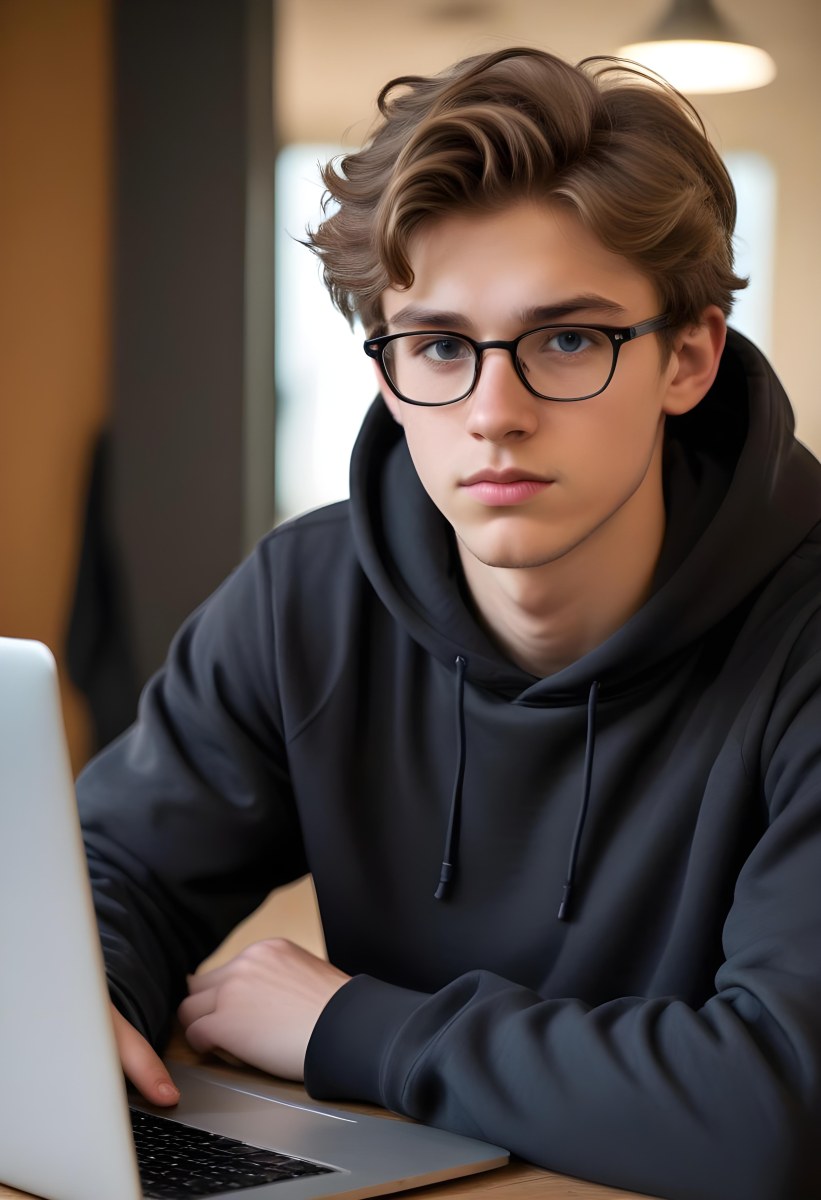 Young Caucasian Male Approximately 18 Years Old With Short Wavy Light Brown Hair And Glasses Wearing A Dark Hoodie Sitting In Front Of A Laptop With A Focused Expression In A Casual Indoor Environment 2 9f87