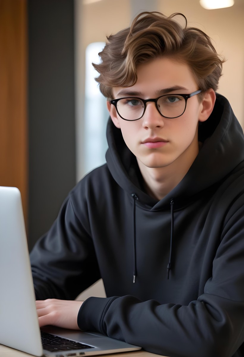 Young Caucasian Male Approximately 18 Years Old With Short Wavy Light Brown Hair And Glasses Wearing A Dark Hoodie Sitting In Front Of A Laptop With A Focused Expression In A Casual Indoor Environment 20 091e