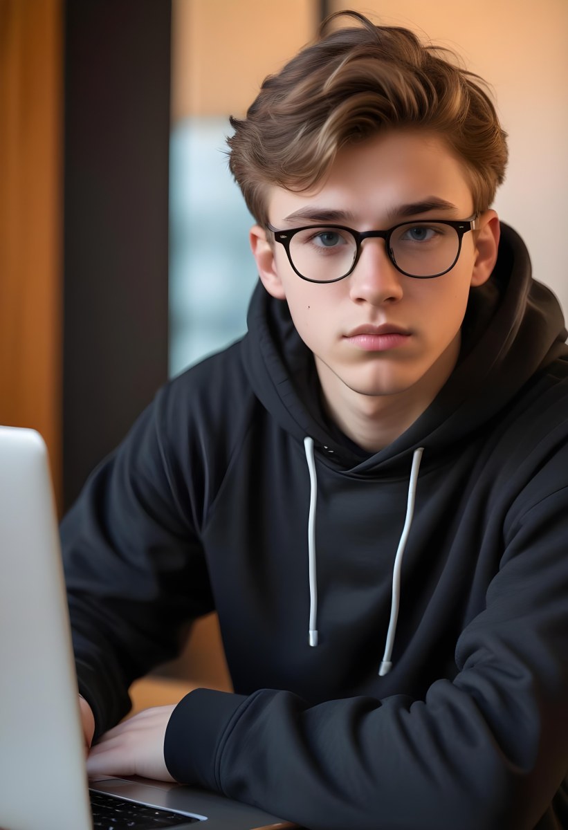 Young Caucasian Male Approximately 18 Years Old With Short Wavy Light Brown Hair And Glasses Wearing A Dark Hoodie Sitting In Front Of A Laptop With A Focused Expression In A Casual Indoor Environment 4 77eb
