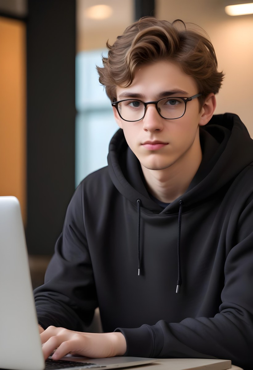 Young Caucasian Male Approximately 18 Years Old With Short Wavy Light Brown Hair And Glasses Wearing A Dark Hoodie Sitting In Front Of A Laptop With A Focused Expression In A Casual Indoor Environment 5 2838