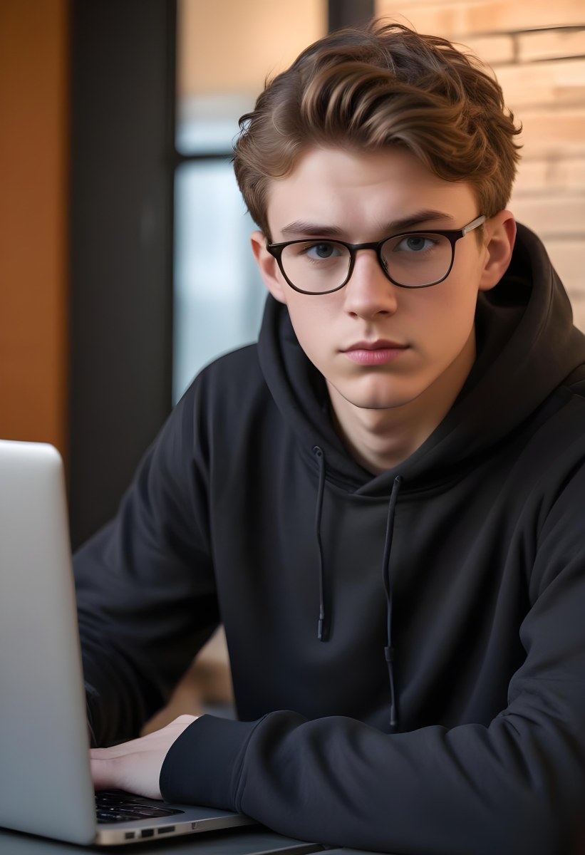 Young Caucasian Male Approximately 18 Years Old With Short Wavy Light Brown Hair And Glasses Wearing A Dark Hoodie Sitting In Front Of A Laptop With A Focused Expression In A Casual Indoor Environment 6 C6cb